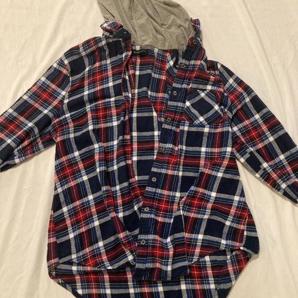 Socialite Red and Blue Plaid Flannel Button Down with Grey Hoodie - Picture 5 of 9